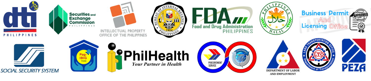 Agency logos: DTI, SEC, IPOPHL, BIR, FDA, Halal, BPLO, SSS, Pag-IBIG, PhilGEPS, DOLE, LTO, PEZA